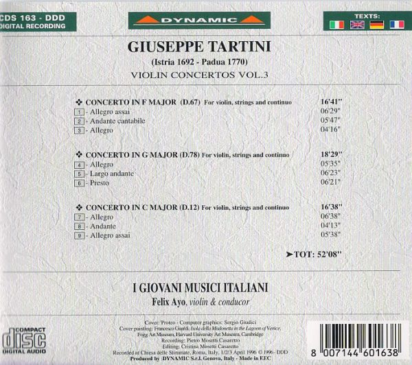 TARTINI, Felix Ayo,   I Giovani Musici Italiani<br/>Violin concertos (Vol.3) - Violin Concerto in C Major, F Major, G Major