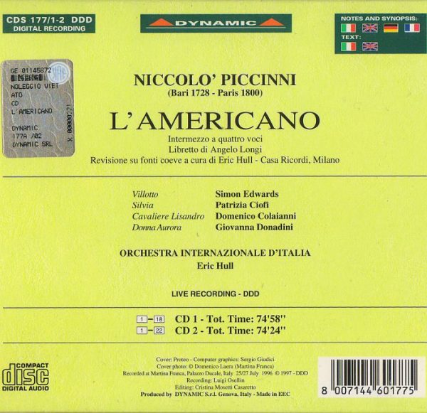 PICCINNI, Patrizia Ciofi, Simon Edwards,   Orchestra Internationale d'Italia, Eric Hull<br/>L'Americano
