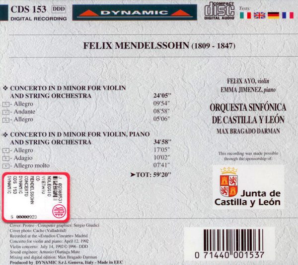 MENDELSSOHN, Felix Ayo, Emma Jimenez,   Orquestra Sinfonica De Castilla Y Leon<br/>Concertos for violin