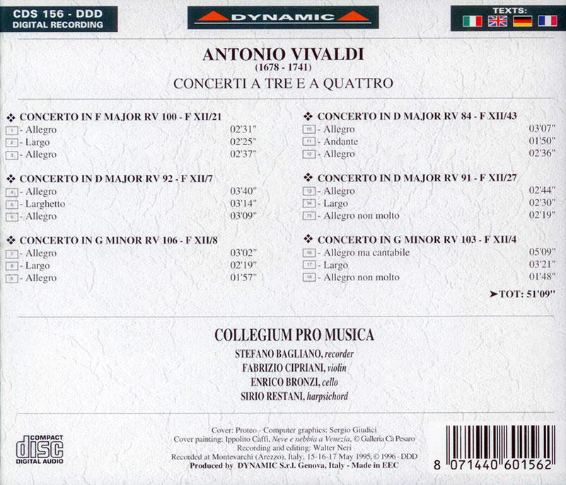 VIVALDI,   Collegium Pro Musica<br/>Concerti a tre e a quattro