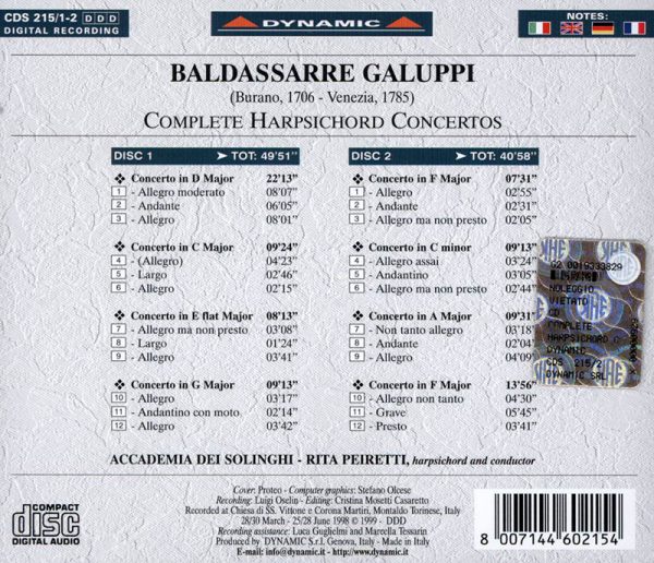 GALUPPI,   Accademia Dei Solinghi, Rita Peiretti<br/>Complete Harpsichord Concertos