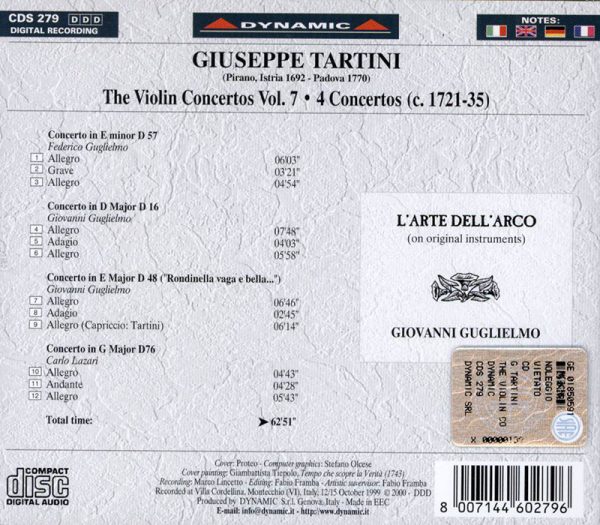 TARTINI,   L'Arte Dell'Arco, Giovanni Guglielmo<br/>Violin Concertos (Vol. 7)