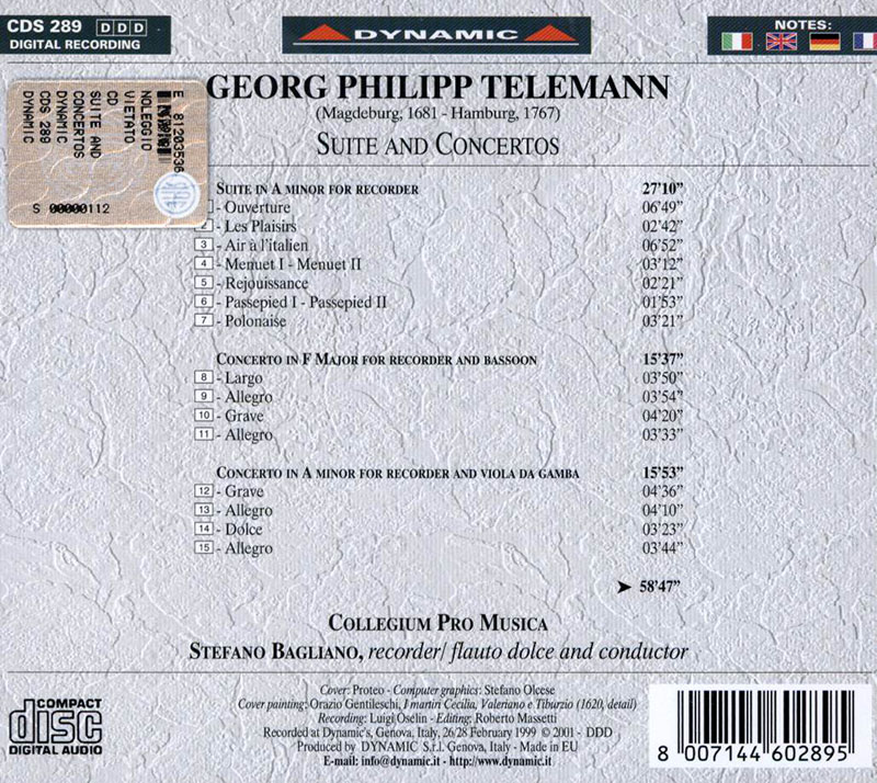 TELEMANN,   Collegium Pro Musica, Stefano BaglianoSuite and Concertos