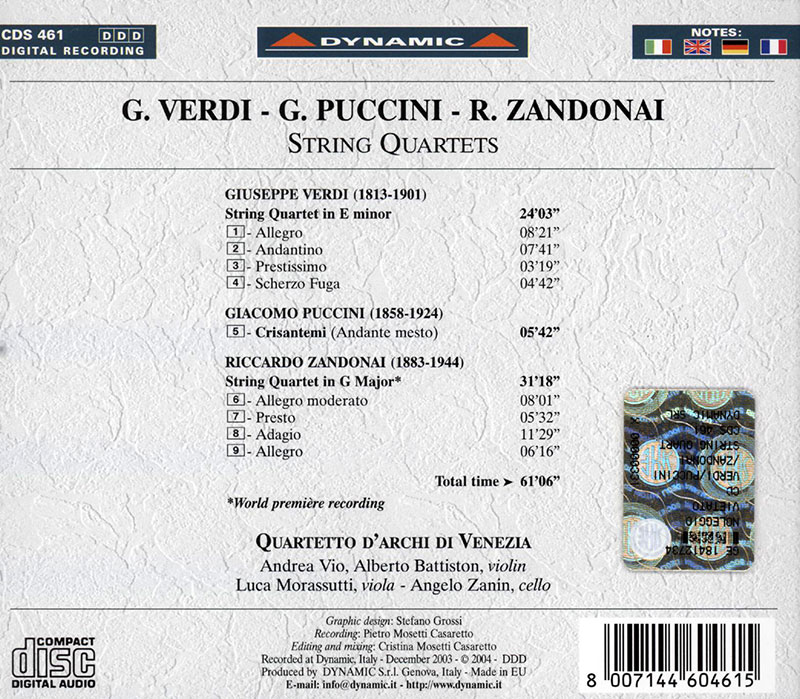 VERDI,   PUCCINI,   ZANDONAI,   Quartetto di VeneziaString Quartets