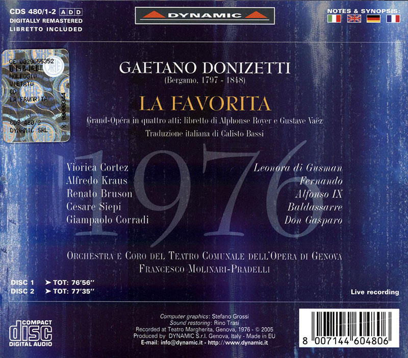 DONIZETTI, Alfredo Kraus, Renato Bruson, Cesare Siepi, Viorica Cortez,   Orchestra of the Comunale Opera Theatre of Genoa, Francesco Molinari Pradelli<br/>La Favorita