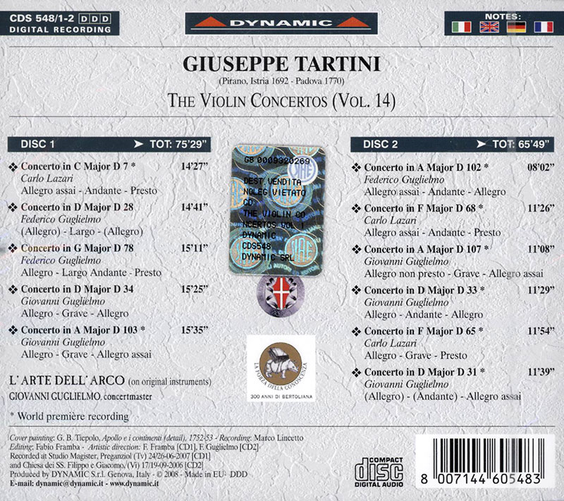 TARTINI,   L'Arte Dell'Arco, Giovanni GuglielmoThe Violin Concertos Vol. 14
