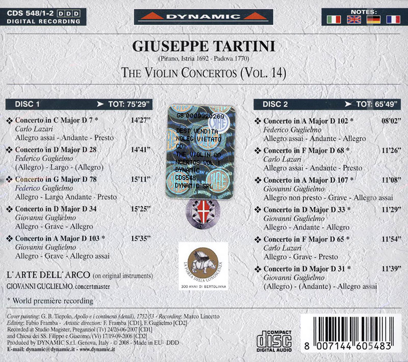 TARTINI,   L'Arte Dell'Arco, Giovanni Guglielmo<br/>The Violin Concertos Vol. 14