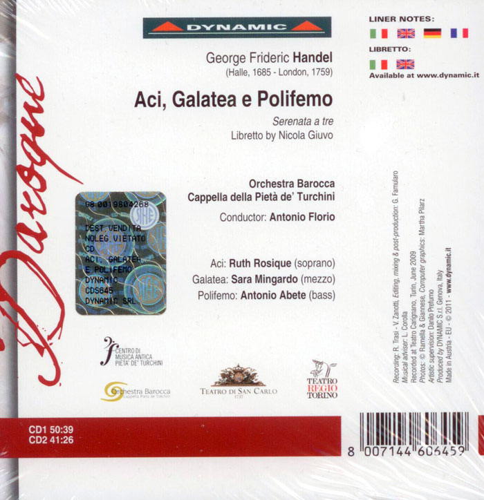 HANDEL, Ruth Rosique, Sara Mingardo, Antonio Abete,   Baroque Orchestra Cappella della Pieta dei Turchin, Antonio Florio<br/>Aci, Galatea e Polifemo