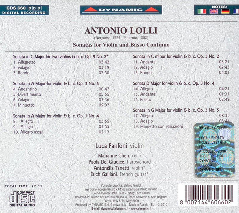 LOLLI, Luca Fanfoni<br/>Sonatas for violin and basso continuo