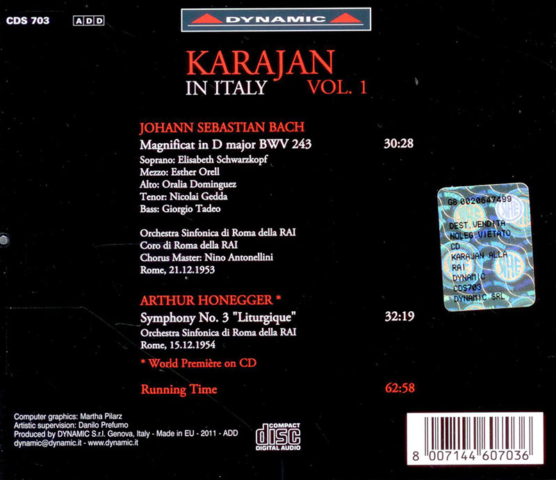 BACH,   HONEGGER,   Orchestra Sinfonica e Coro di Roma della RAI, Herbert von KarajanKarajan in Italy - Vol.1