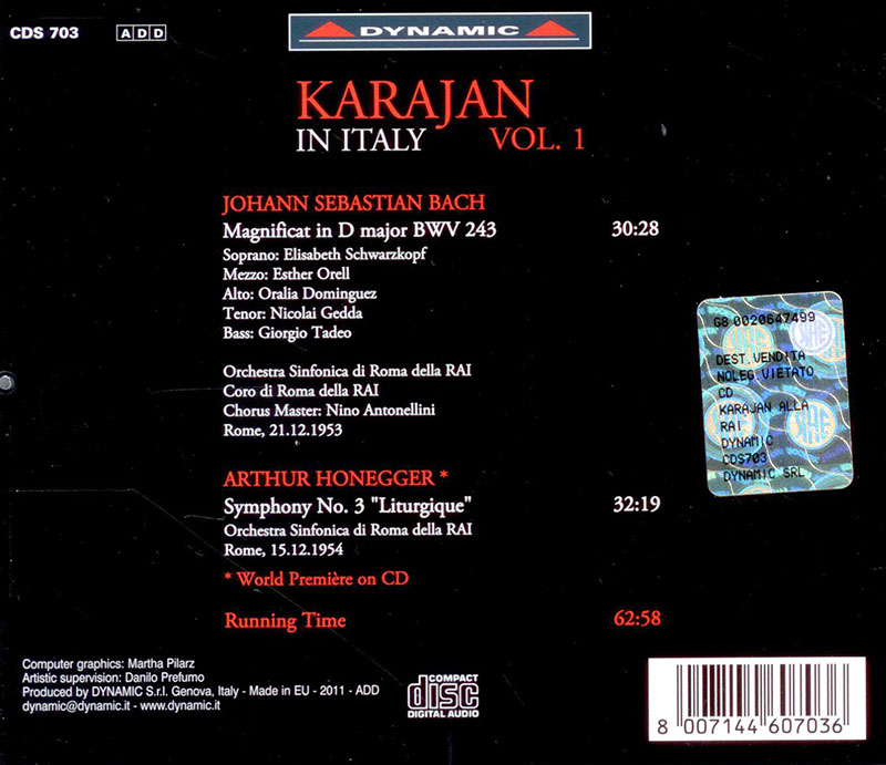 BACH,   HONEGGER,   Orchestra Sinfonica e Coro di Roma della RAI, Herbert von Karajan<br/>Karajan in Italy - Vol.1