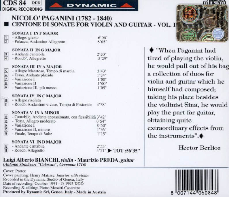 PAGANINI, Luigi Alberto Bianchi, Maurizio Preda<br/>Centone di Sonate for violin and guitar (Vol.2)