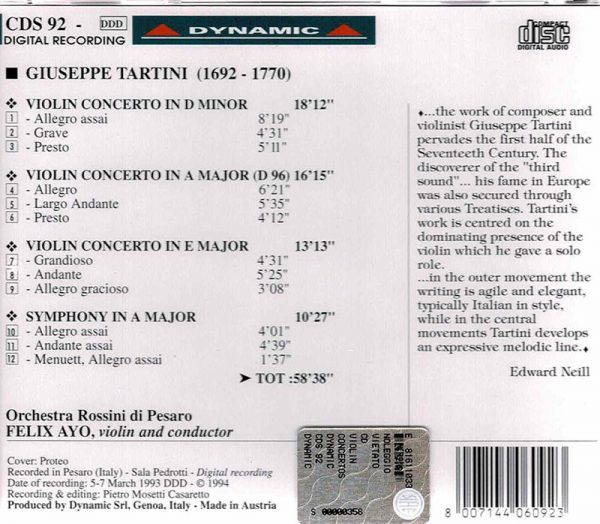 TARTINI, Felix Ayo,   Symphonia Perusia<br/>Violin Concerto in D Major, E Minor, B Minor