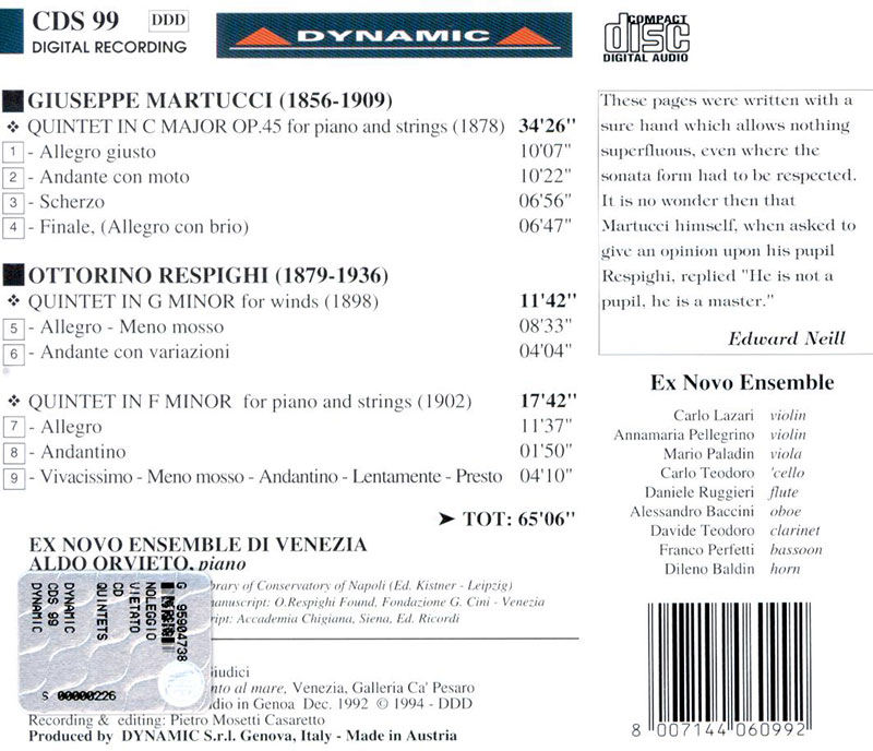 MARTUCCI,   RESPIGHI,   Ex Novo Ensemble<br/>Piano quintet in C major / Wind quintet in G minor / Piano Quintet in D minor