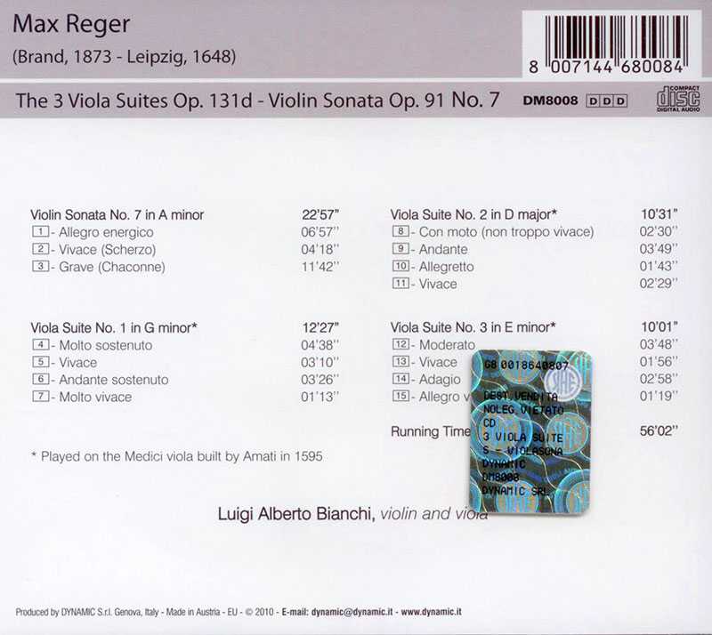 Reger, Luigi Alberto Bianchi<br/>The 3 Viola Suites / Violin sonata Op.91