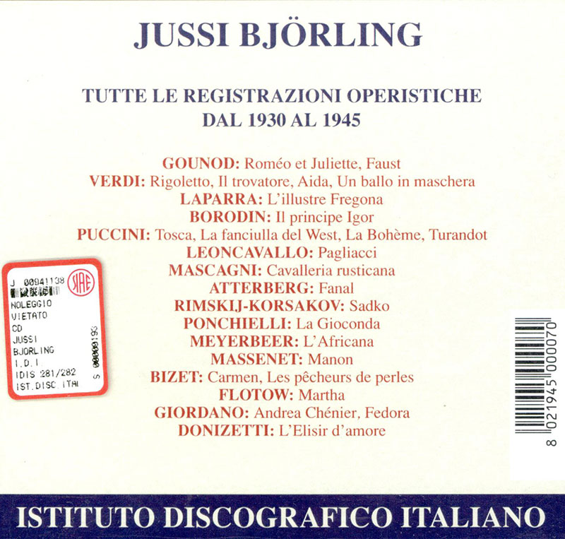 GOUNOD,  VERDI,  BORODIN,   PUCCINI,   LEONCAVALLO, Jussi Bjorling<br/>Tutte le registrazioni operistiche, 1930 - 1945