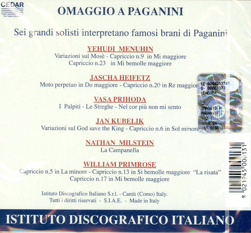 PAGANINI, Yehudi Menuhin, Jascha Heifetz, Vasa Prihoda, Jan Kubelik, Nathan Milstein, William Primrose<br/>Sei grandi violinisti suonano Paganini