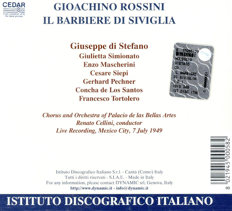 ROSSINI, Giuseppe di Stefano, Giulietta Simionato, Cesare Siepi,   Orchestra e Coro del Palacio de las Bellas Artes, Renato Cellini<br/>Il Barbiere di Siviglia