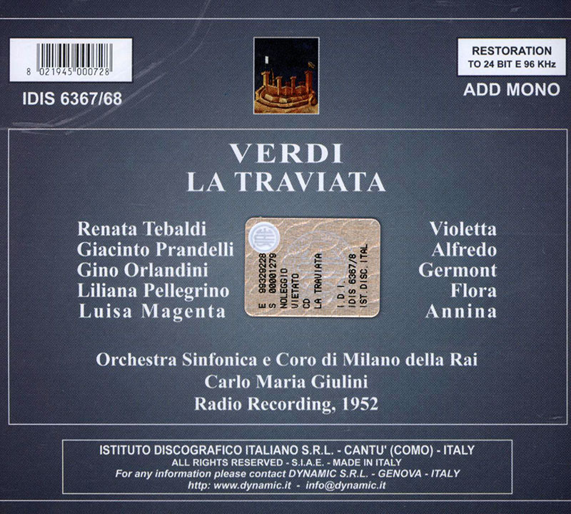 VERDI, Renata Tebaldi, Giacinto Prandelli, Gino Orlandini,   Orchestra Sinfonica e Coro di Milano della RAI, Carlo Maria Giulini<br/>La Traviata