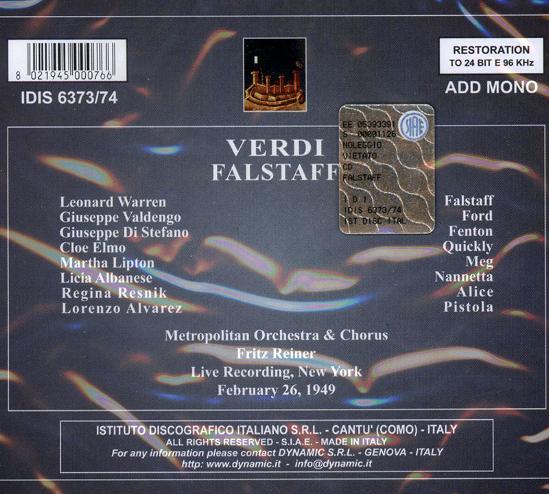 VERDI, Leonard Warren, Giuseppe di Stefano, Giuseppe Valdengo, Cloe Elmo, Licia Albanese,  The Metropolitan Opera Orchestra and Chorus, Fritz Reiner<br/>Falstaff