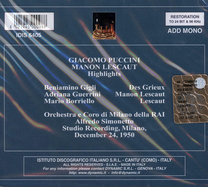 PUCCINI, Beniamino Gigli, Alfredo Simonetto,   Orchestra Sinfonica e Coro di Milano della RAI, Alfredo SimonettoManon Lescaut (highlights)