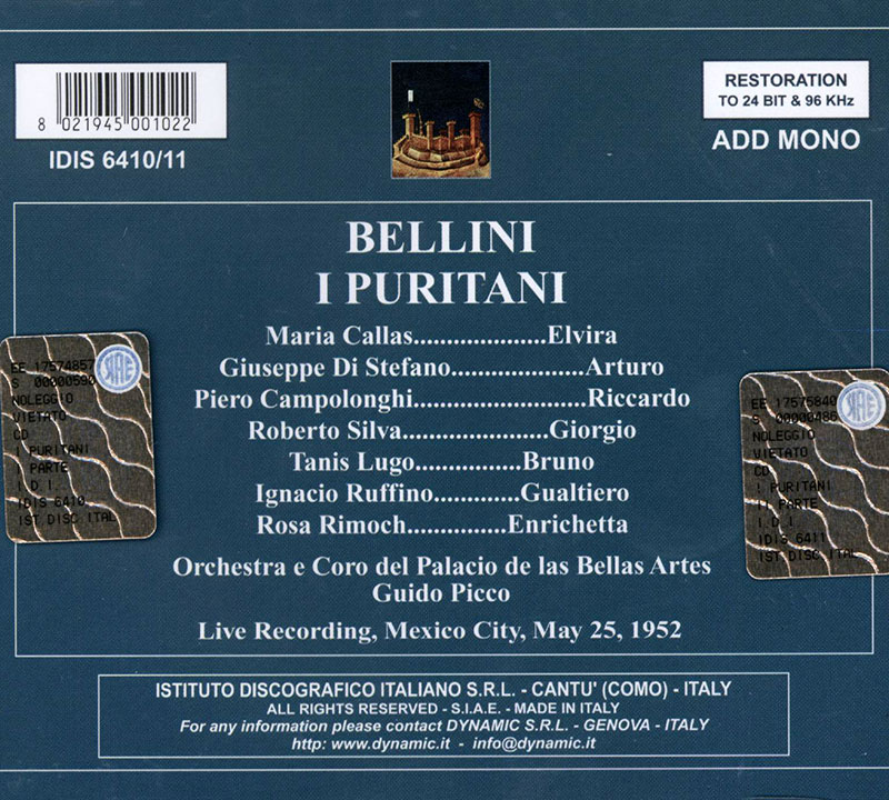 BELLINI, Maria Callas, Giuseppe di Stefano,   Orchestra e Coro del Palacio de las Bellas Artes, Guido Picco<br/>I Puritani