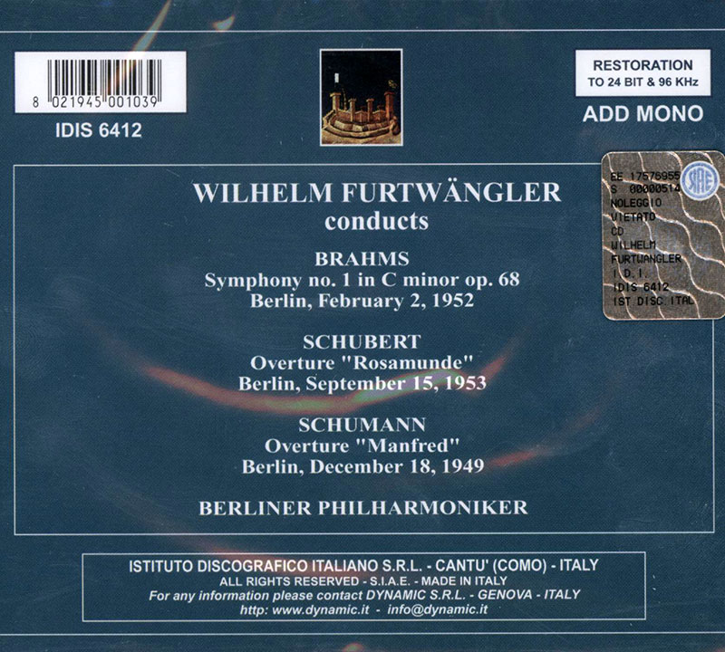 BRAHMS,  SCHUBERT,  SCHUMANN,  Berliner Philharmoniker, Wilhelm Furtwangler<br/>Symphony No. 1 in C minor, Op. 68 / Rosamunde, D797: Overture / Manfred Overture, Op. 115