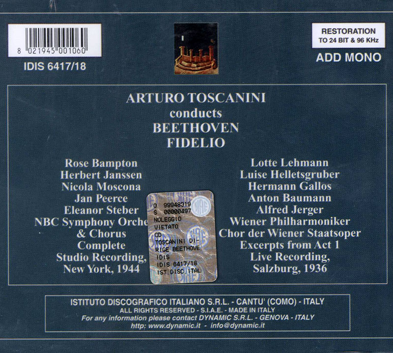 BEETHOVEN, Lotte Lehmann,   NBC Symphony Orchestra,  Wiener Philharmoniker, Arturo ToscaniniFidelio - Complete 1944 performance and excerpts from Act One, 1936
