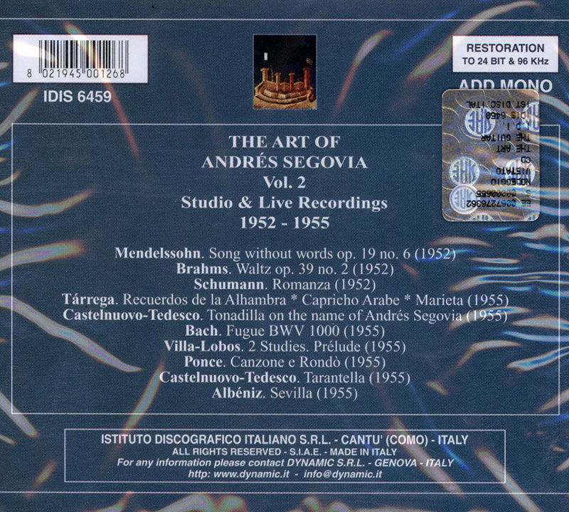 MENDELSSOHN,   BRAHMS,  SCHUMANN,   TARREGA, Andreas Segovia<br/>The Art of Andres Segovia (Vol. 2)