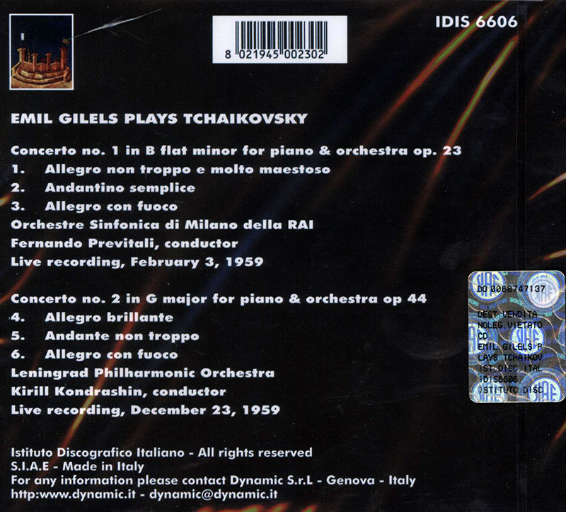 TCHAIKOVSKY, Emil Gilels,   Leningrad Philharmonic Orchestra,   Orchestra Sinfonica e Coro di Milano della RAI, Fernando Previtali, Kiril Kondrashin<br/>Piano Concerto No. 1 in B flat minor, Op. 23  /  Piano Concerto No. 2 in G major, Op. 44